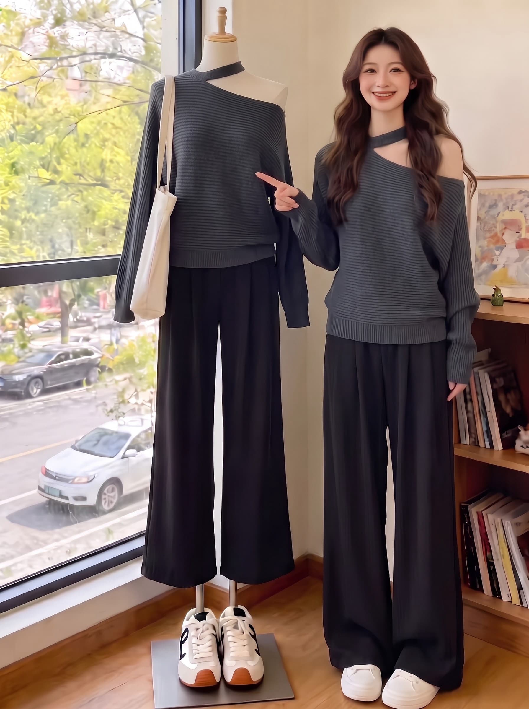 프랑스식 느긋한 바람 오프숄더 행침 목 니트 스웨터 여성 가을 루즈핏 슬림해 보이는 디자인 센스 품격 다용도 만나는 맨위 상세 이미지 4