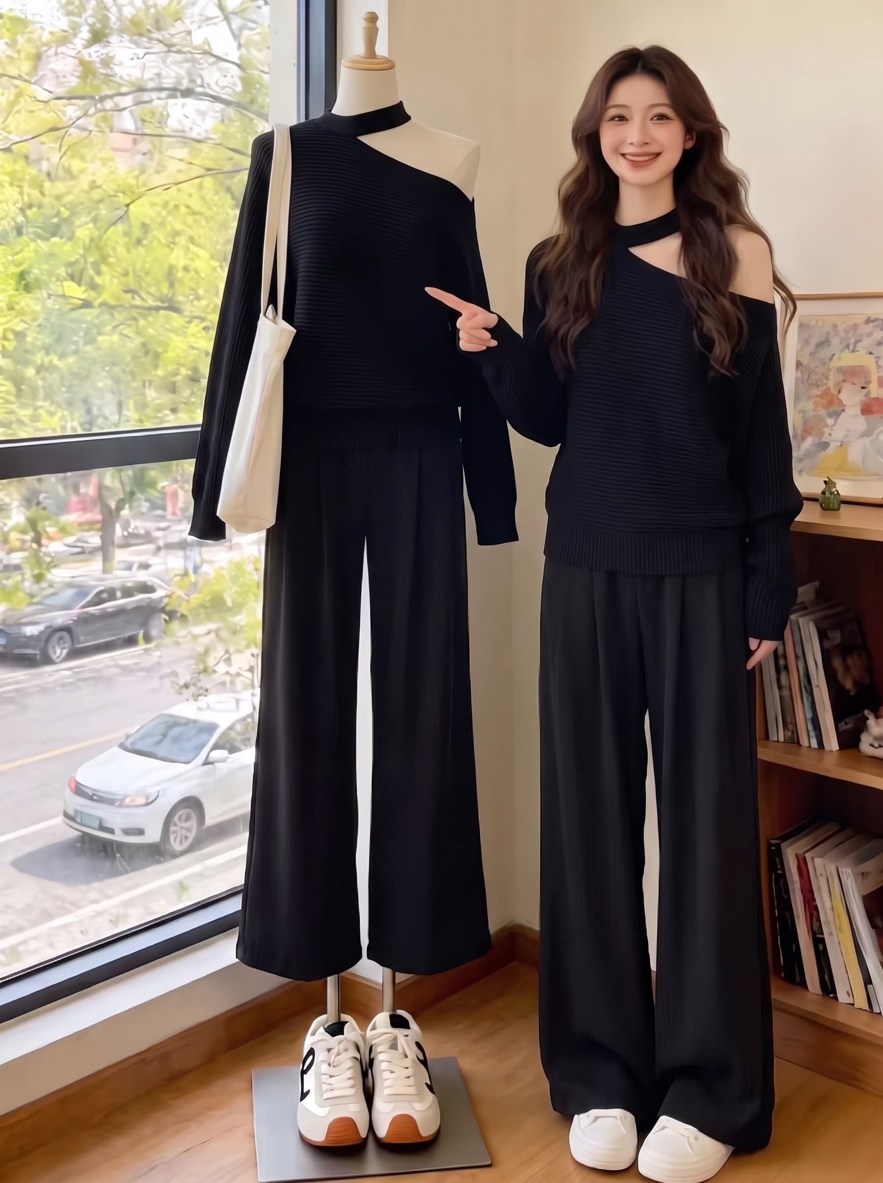 프랑스식 느긋한 바람 오프숄더 행침 목 니트 스웨터 여성 가을 루즈핏 슬림해 보이는 디자인 센스 품격 다용도 만나는 맨위 상세 이미지 5
