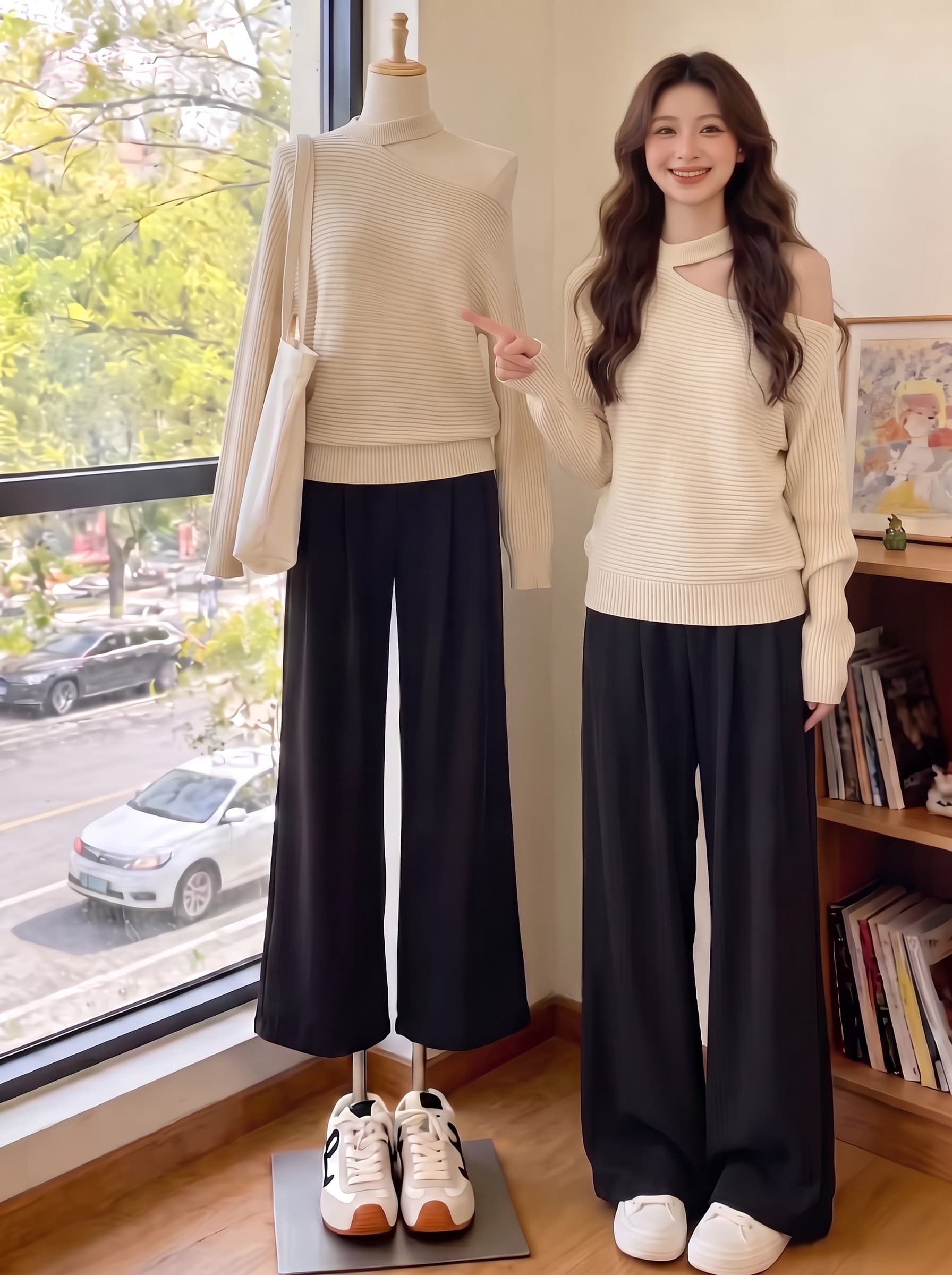 마이크로 지방 자매 패션 홀로우 아웃 라운드 넥 이슬 쇄골 배트윙 소매 루즈핏 니트 스웨터 여성 질감 센스 풀오버 맨위 상세 이미지 2