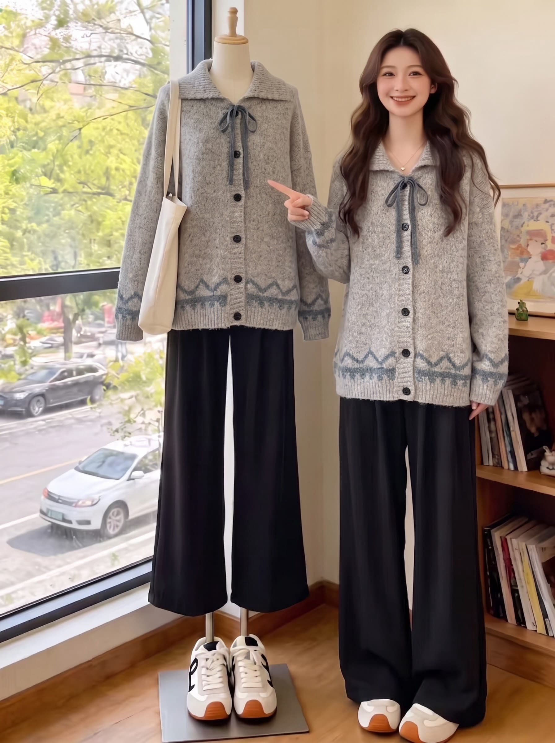 느긋한 바람 폴로 칼라 레이스업 스웨터 여성 회색 자카드 니트 오픈 가디건 루즈핏 레트로 분위기 센스 외국 가스 재킷 상세 이미지 3