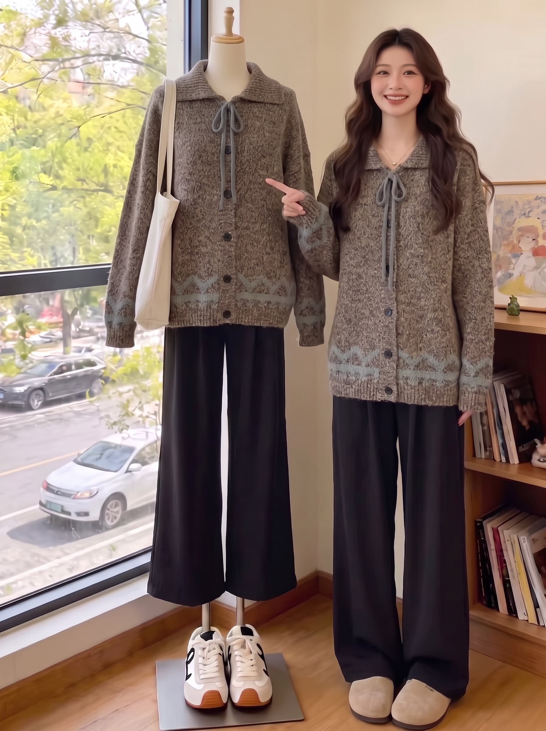 느긋한 바람 폴로 칼라 레이스업 스웨터 여성 회색 자카드 니트 오픈 가디건 루즈핏 레트로 분위기 센스 외국 가스 재킷 상세 이미지 6