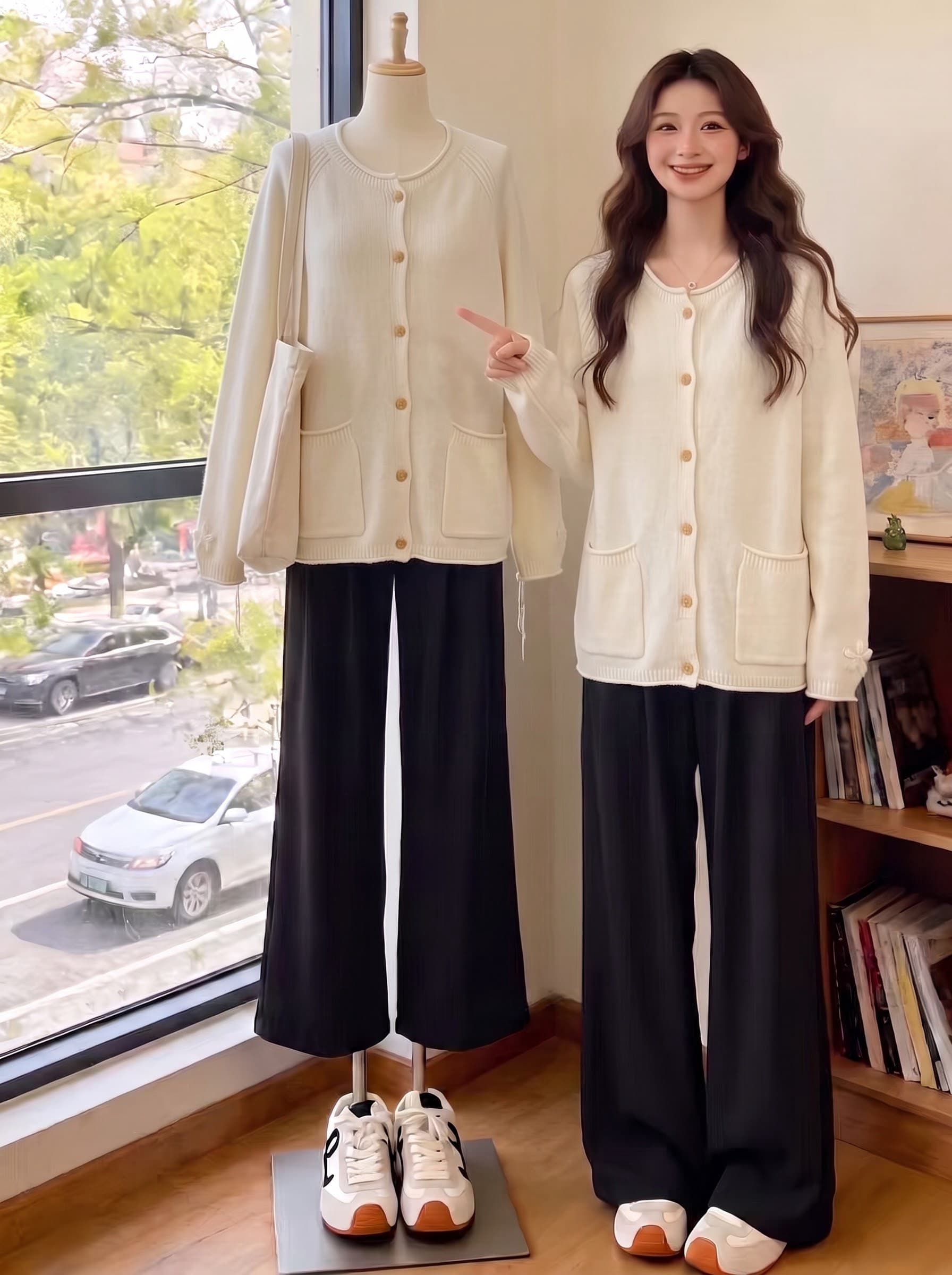 가을 겨울 부드러운 한 부서 바람 우유 파란색 라운드 넥 오픈 가디건 스웨터 여자 와이드 부드러운 찹쌀 쇼트 스타일 느긋한 바람 니트 재킷 상세 이미지 7