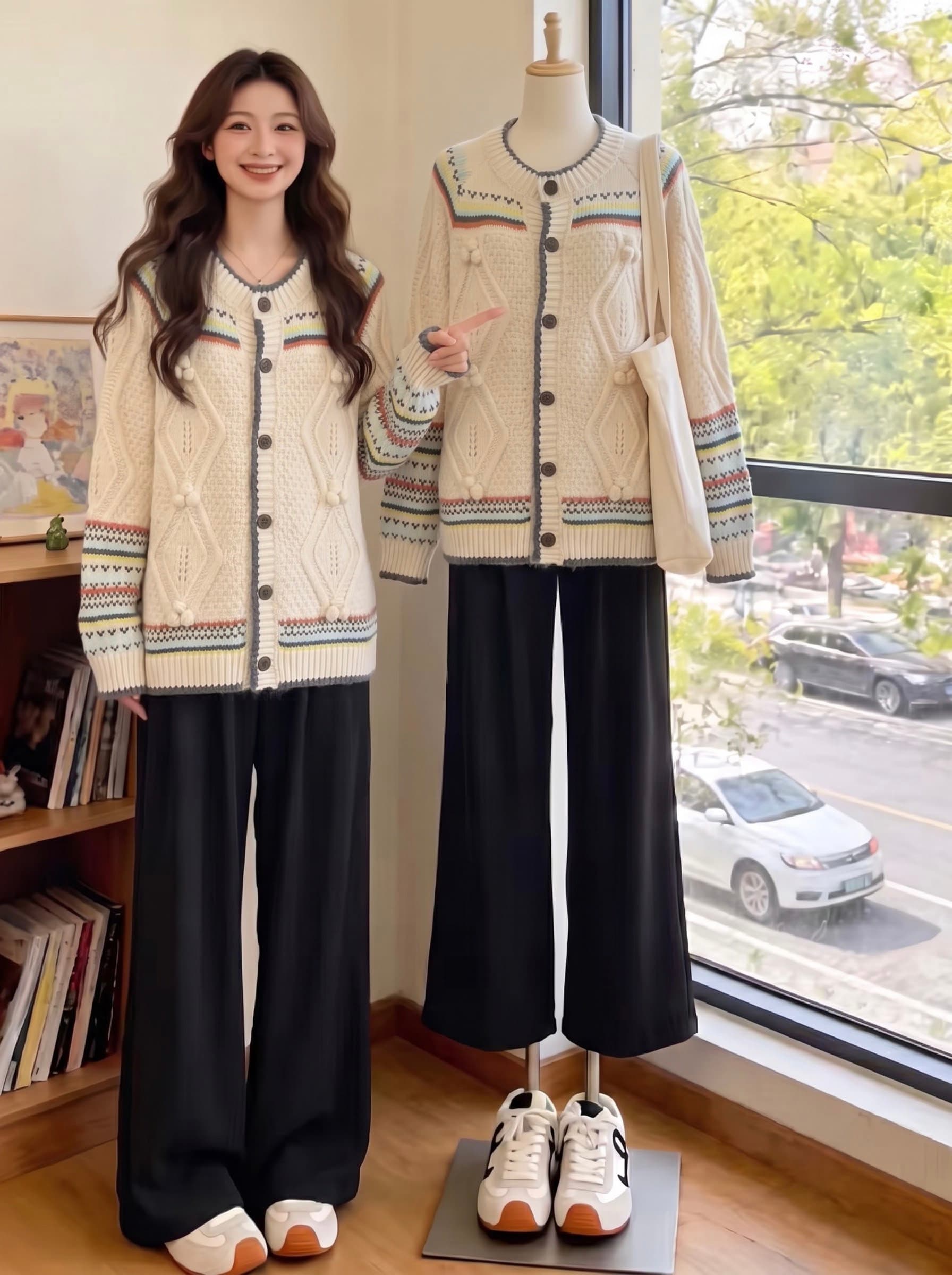 고급 센스 공정한 섬 배색 라운드 넥 니트 오픈 가디건 여성 가을 겨울 레트로 부드러운 찹쌀 스웨터 코트 느긋한 바람 맨위 상세 이미지 2