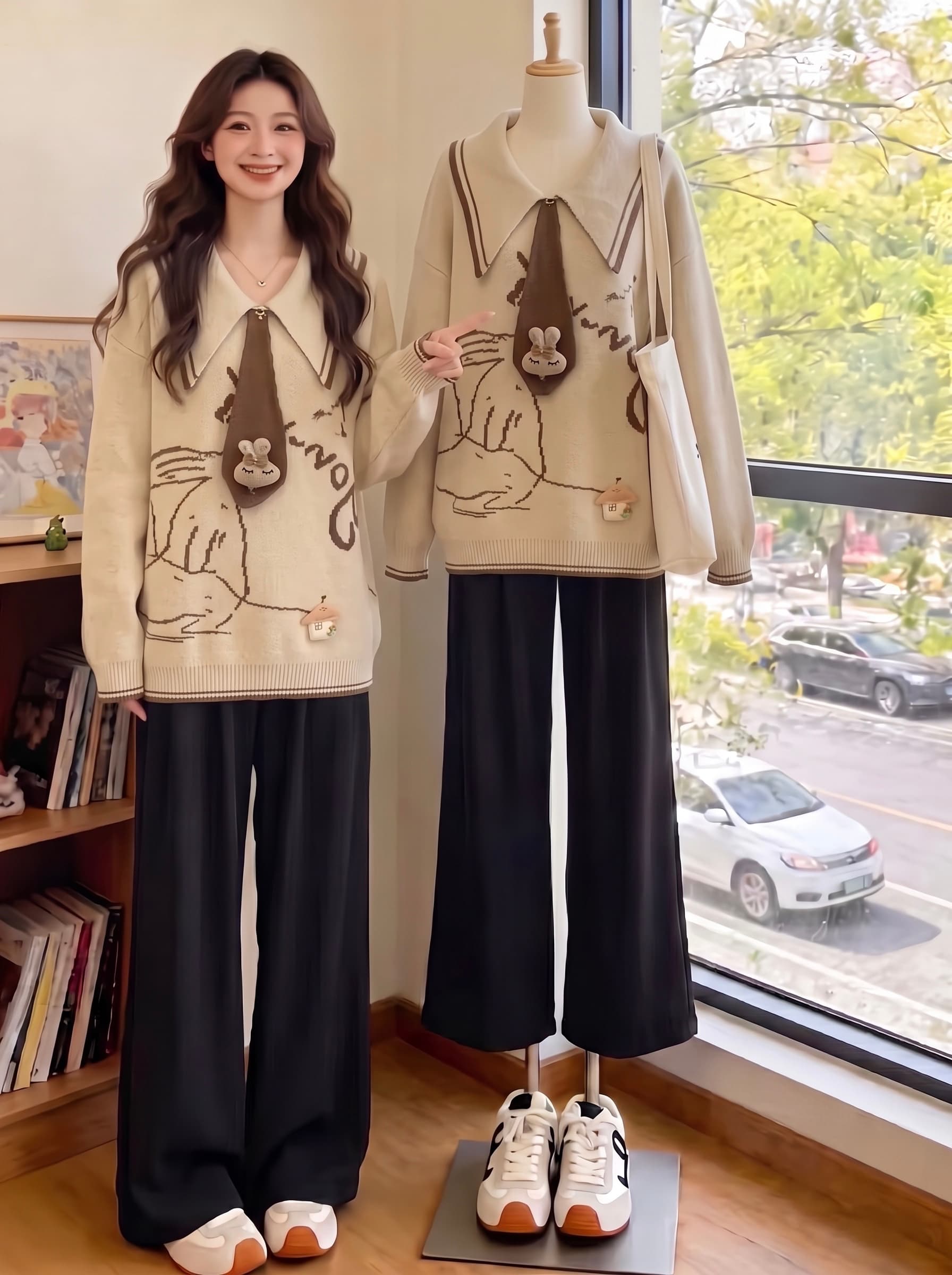 빅 사이즈 여성 의류 달콤함 귀여운 바람 만화 스웨터 여자 지방 mm 루즈핏 패션 연령 감소 슬림해 보이는 긴팔 니트 맨위 상세 이미지 1