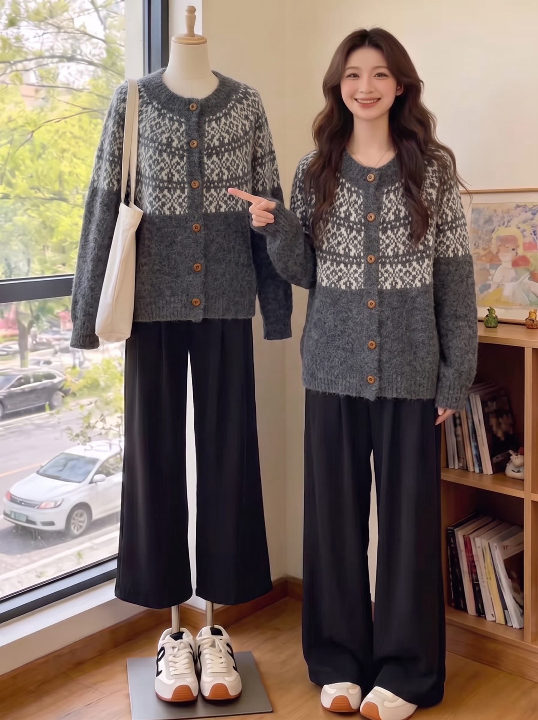 한 부서 레트로 느긋한 바람 자카드 라운드 넥 포함 양모 니트 맨위 여성 부드러운 찹쌀 프로 피부 루즈핏 니트 스웨터 상세 이미지 4