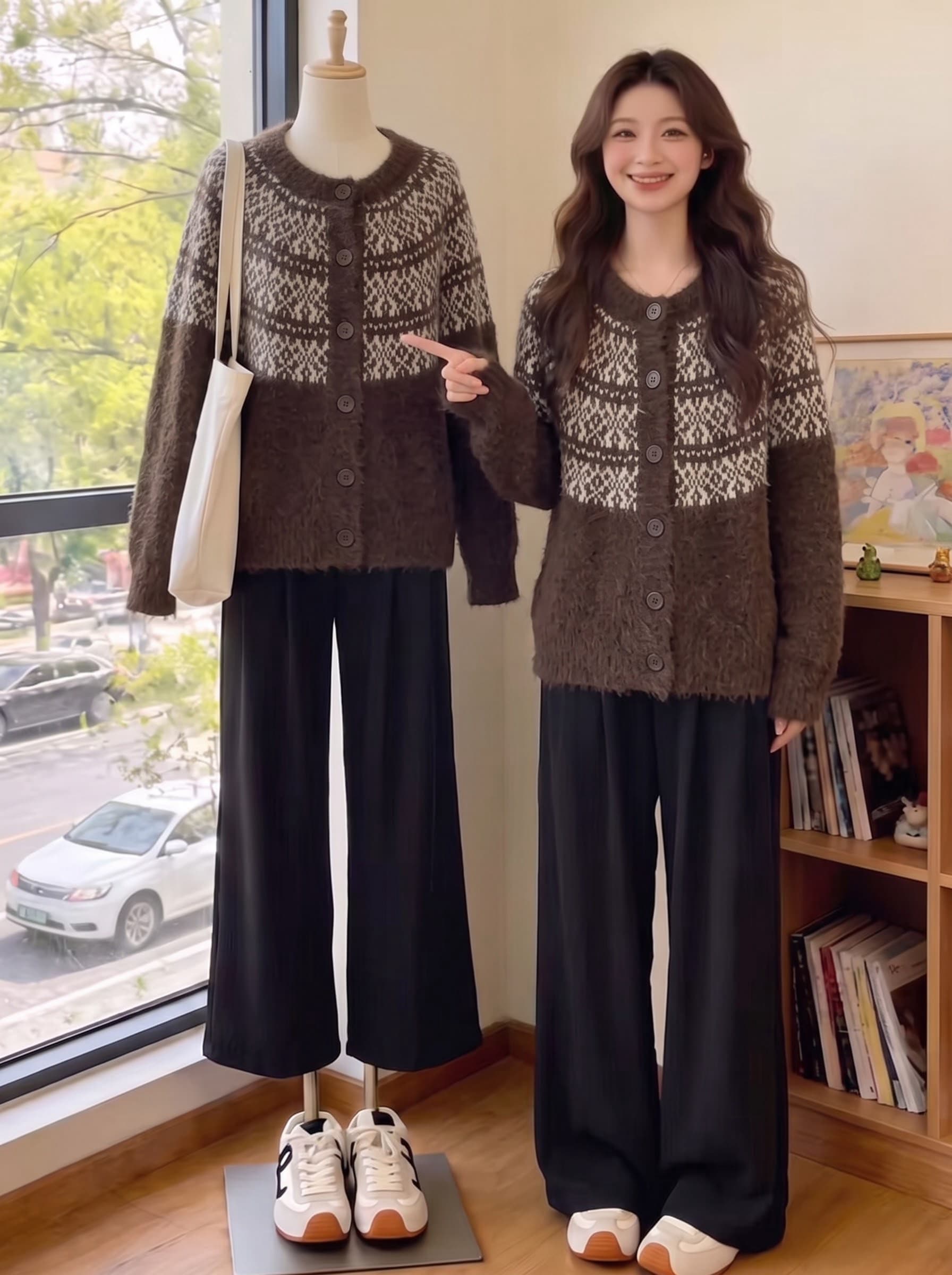 한국 스타일 레트로 공정한 섬 자카드 라운드 넥 스웨터 여자 가을 겨울 새로운 루즈핏 느긋한 다용도 니트 카디건 코트 이미지 4