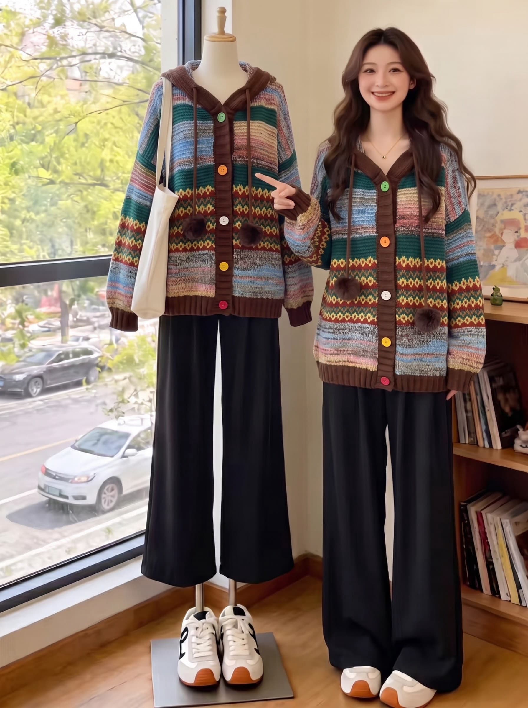 공정한 섬 레트로 배색 스트라이프 후드 스웨터 여성 코트 가을 겨울 지방 mm 표지 고기 슬림해 보이는 니트 오픈 가디건 맨위