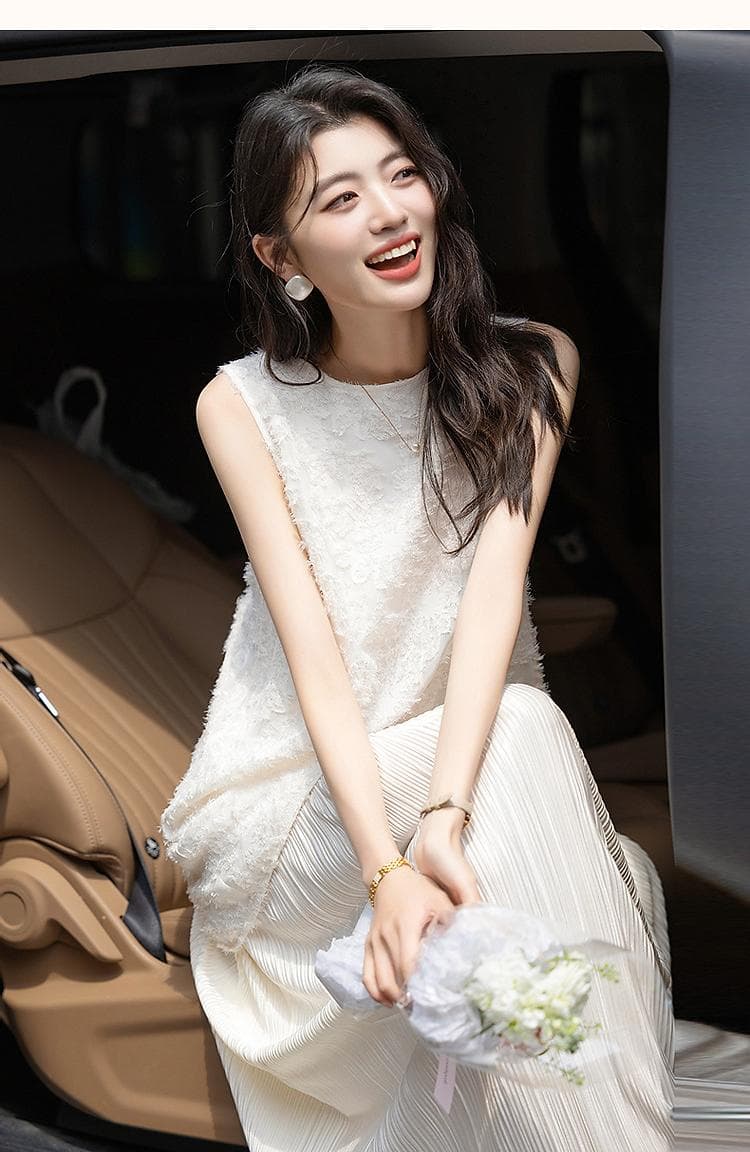 유럽 만약 바람 페이크 레이어드 여름 얇고 가벼운 느긋한 3 차원 전단 꽃 없음 허리 선 스트레이트 플리츠 여성 드레스 상세 이미지 1
