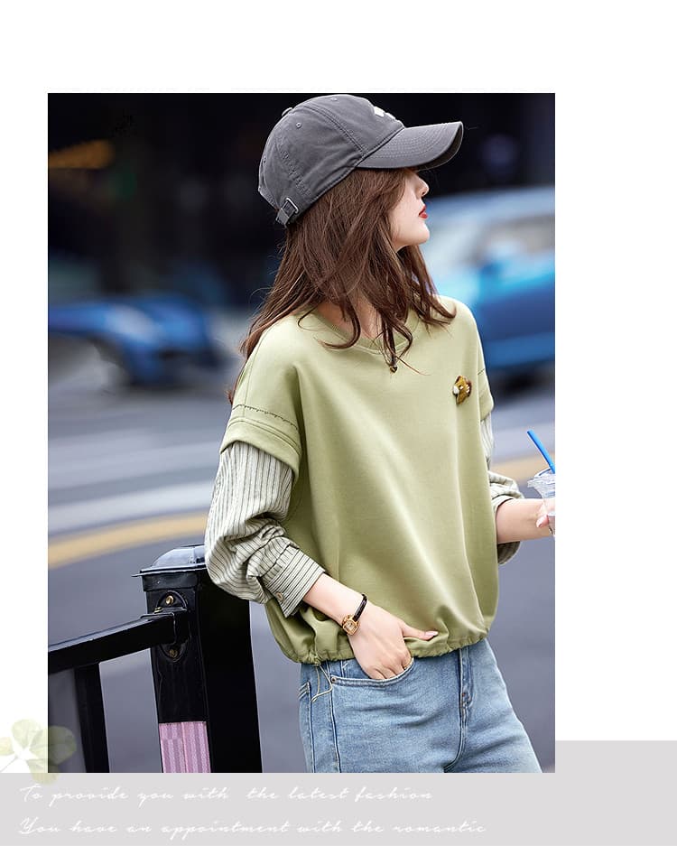 Chic 슬림해 보이는 작은 키 맨위 26 봄 라운드 넥 패치워크 페이크 레이어드 풀오버 스웨트셔츠 상세 이미지 9