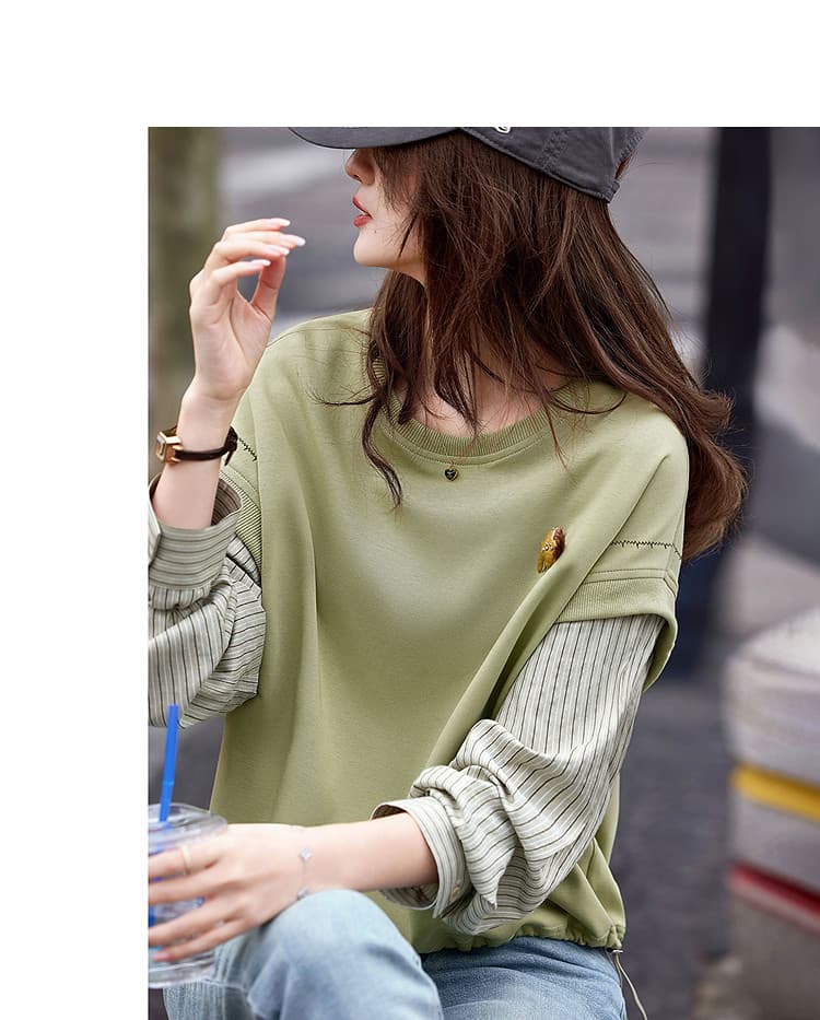 Chic 슬림해 보이는 작은 키 맨위 26 봄 라운드 넥 패치워크 페이크 레이어드 풀오버 스웨트셔츠 상세 이미지 12