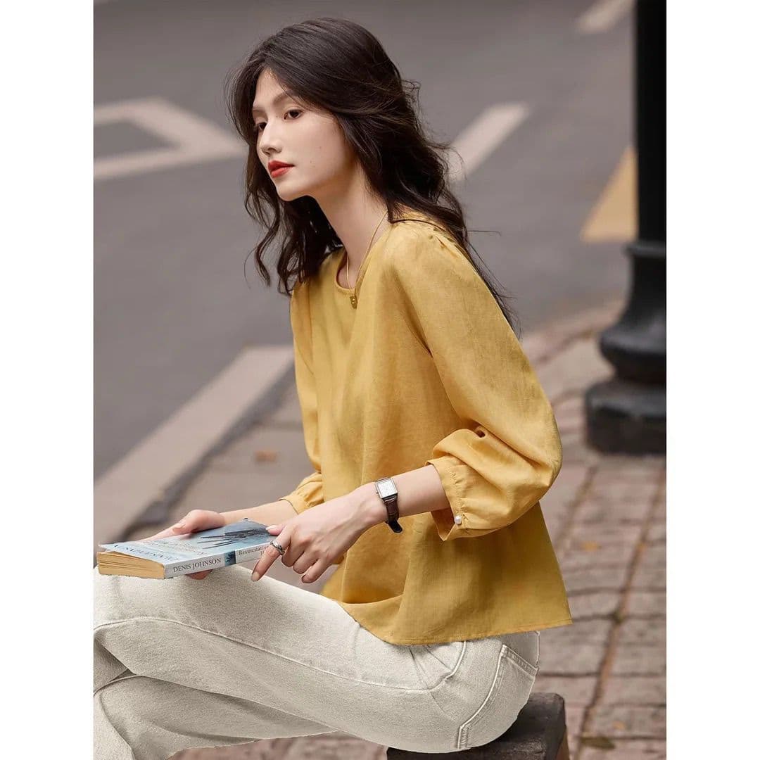 라이 경기 서울 라미 봄 여름 문예 레트로 패션 품격 라운드 넥 프릴 미니멀리즘 긴팔 셔츠 이미지 5