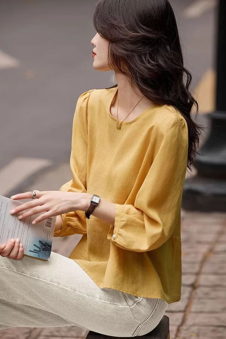 라이 경기 서울 라미 봄 여름 문예 레트로 패션 품격 라운드 넥 프릴 미니멀리즘 긴팔 셔츠 이미지 6