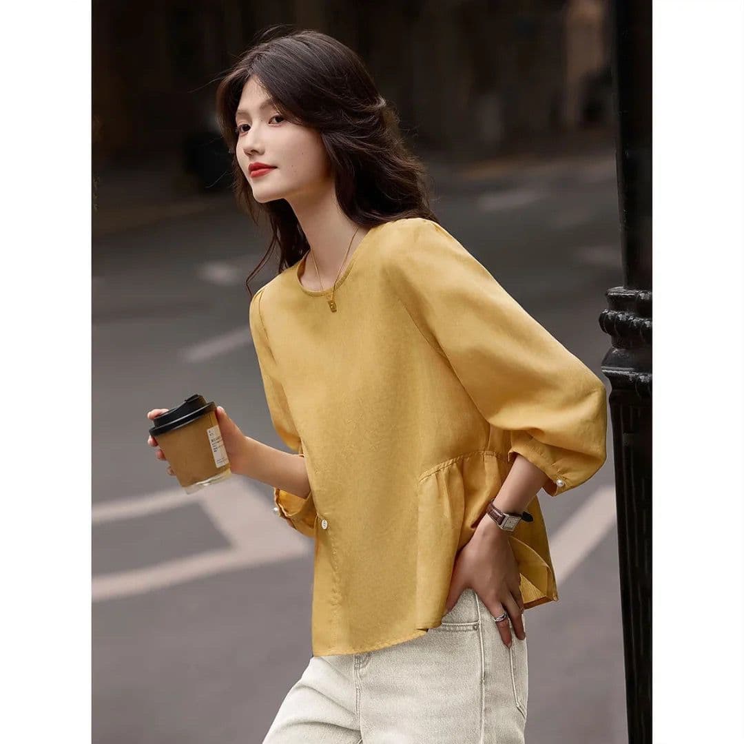 라이 경기 서울 라미 봄 여름 문예 레트로 패션 품격 라운드 넥 프릴 미니멀리즘 긴팔 셔츠 상세 이미지 5