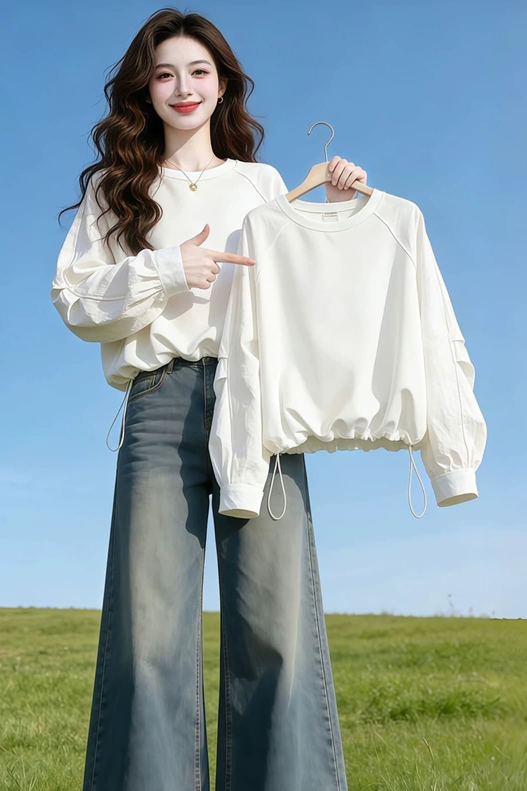 화이트 허리 수축 레이스업 루즈핏 외부 가져 가라. 긴팔 티셔츠 여성 2026 가을 프랑스식 아름다운 아름다운 디자인 센스 맨위 이미지 6