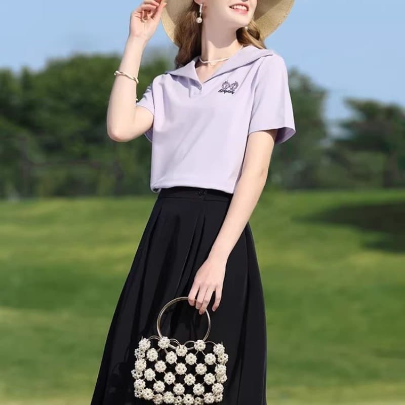 레트로 해군 칼라 자수 반팔 티셔츠 여성 2026 여름 새로운 품격 출퇴근 캐주얼 다용도 슬림해 보이는 맨위 이미지 5