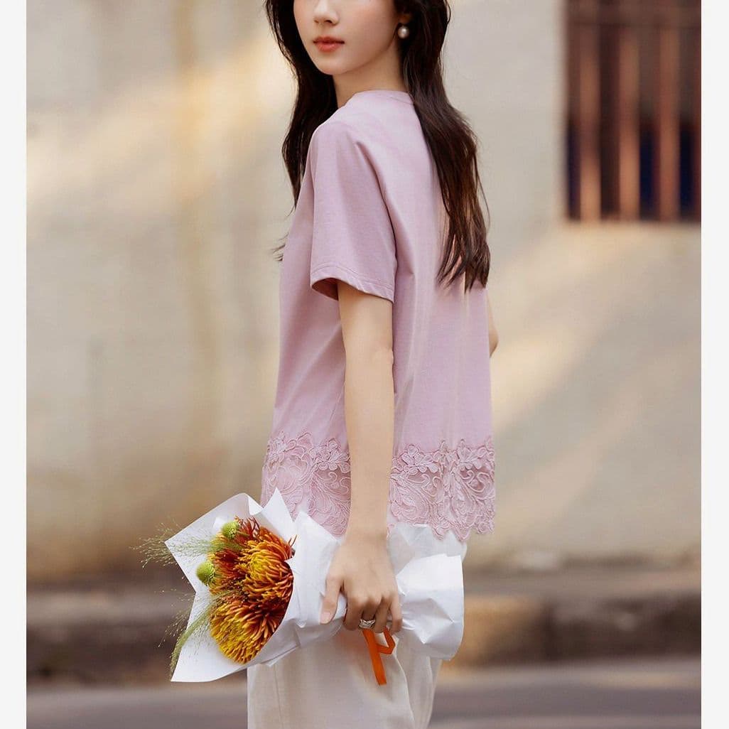 부드러운 바람 레이스 레이스 패치워크 티셔츠 여성 여름 새로운 다용도 미니멀리즘 알파벳 핫픽스 루즈핏 슬림해 보이는 맨위 이미지 5