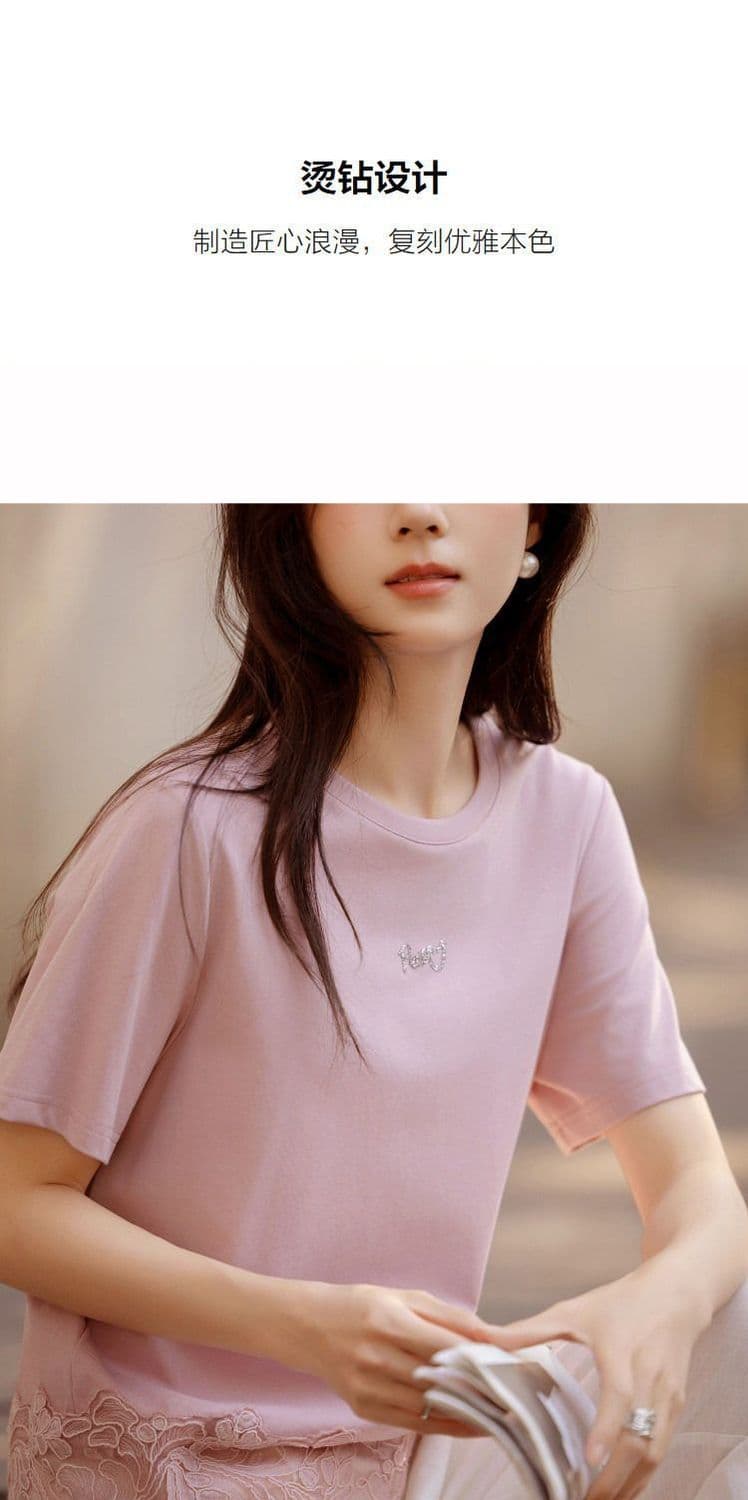 부드러운 바람 레이스 레이스 패치워크 티셔츠 여성 여름 새로운 다용도 미니멀리즘 알파벳 핫픽스 루즈핏 슬림해 보이는 맨위 상세 이미지 10