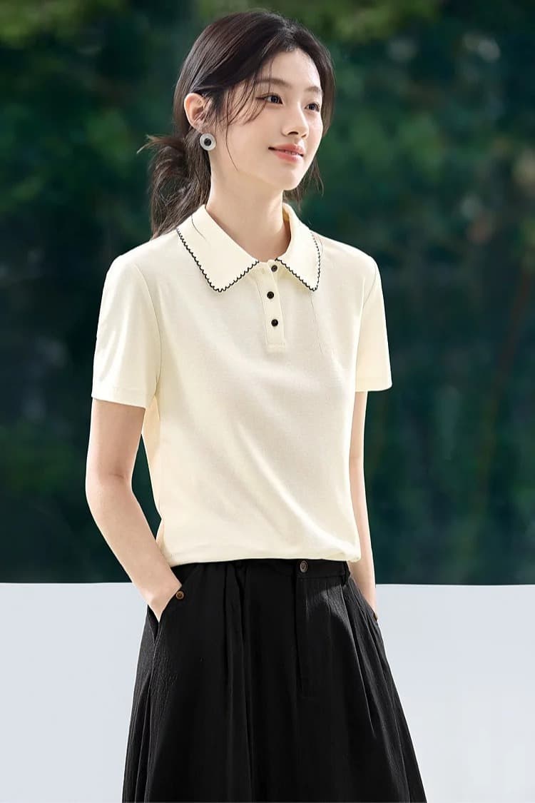 소금 부서 polo2026 여름 새로운 POLO 칼라 캐주얼 다용도 배색 자수 새싹 측면 반팔 티셔츠 이미지 6