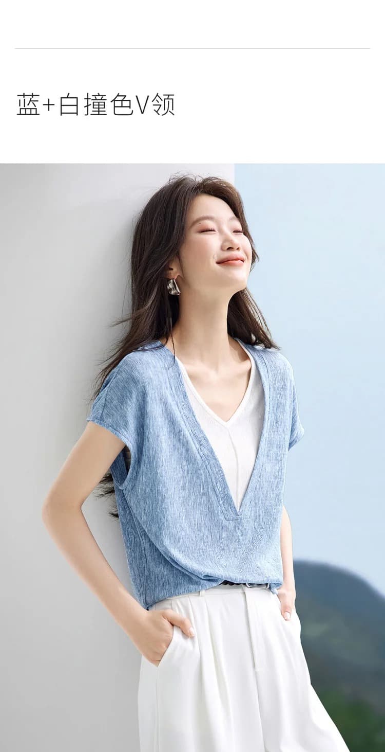 2026 여름 새로운 새로운 배색 패치워크 질감 센스 심지어 소매 여성 허리 수축 티셔츠 상세 이미지 4