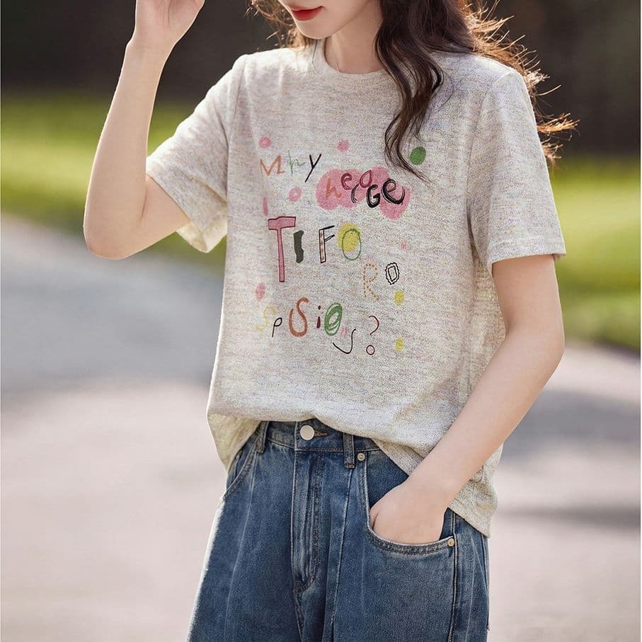 알파벳 프린트 반팔 티셔츠 새로운 루즈핏 슬림해 보이는 연령 감소 다용도 표지 고기 맨위 여성 니트 스웨터