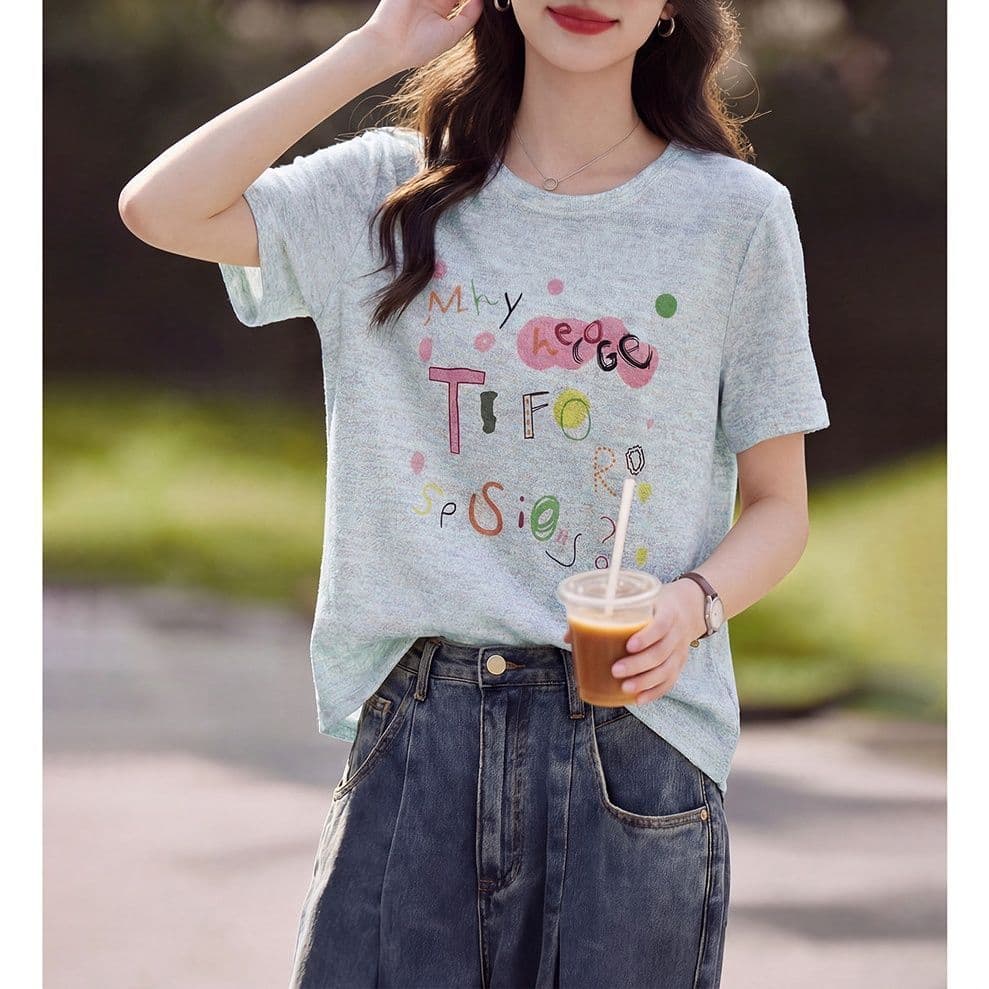 알파벳 프린트 반팔 티셔츠 새로운 루즈핏 슬림해 보이는 연령 감소 다용도 표지 고기 맨위 여성 니트 스웨터 이미지 3