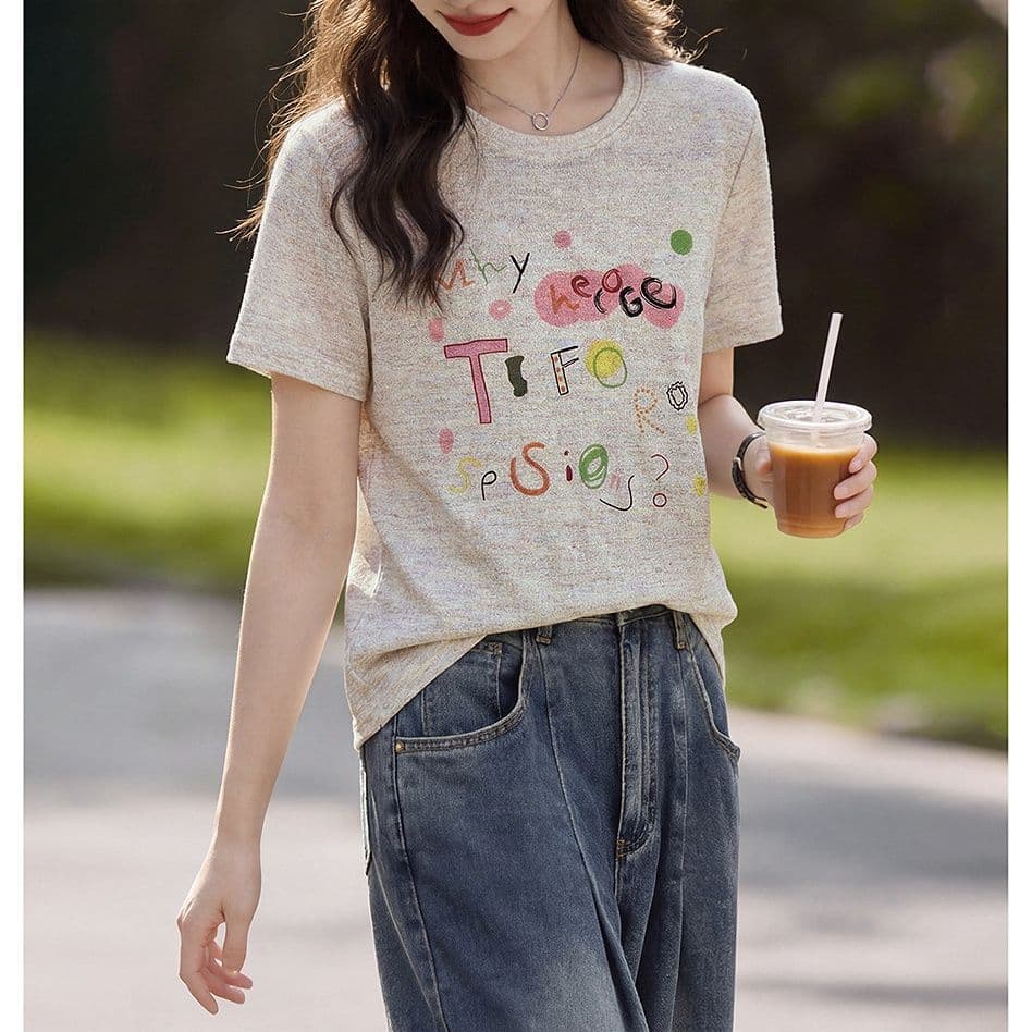 알파벳 프린트 반팔 티셔츠 새로운 루즈핏 슬림해 보이는 연령 감소 다용도 표지 고기 맨위 여성 니트 스웨터 이미지 4