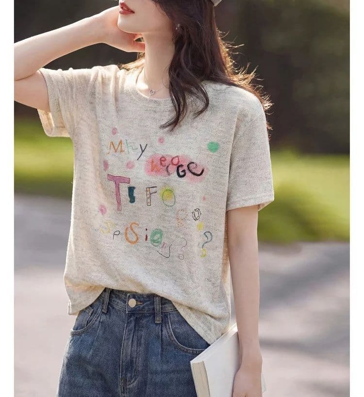 알파벳 프린트 반팔 티셔츠 새로운 루즈핏 슬림해 보이는 연령 감소 다용도 표지 고기 맨위 여성 니트 스웨터 상세 이미지 3