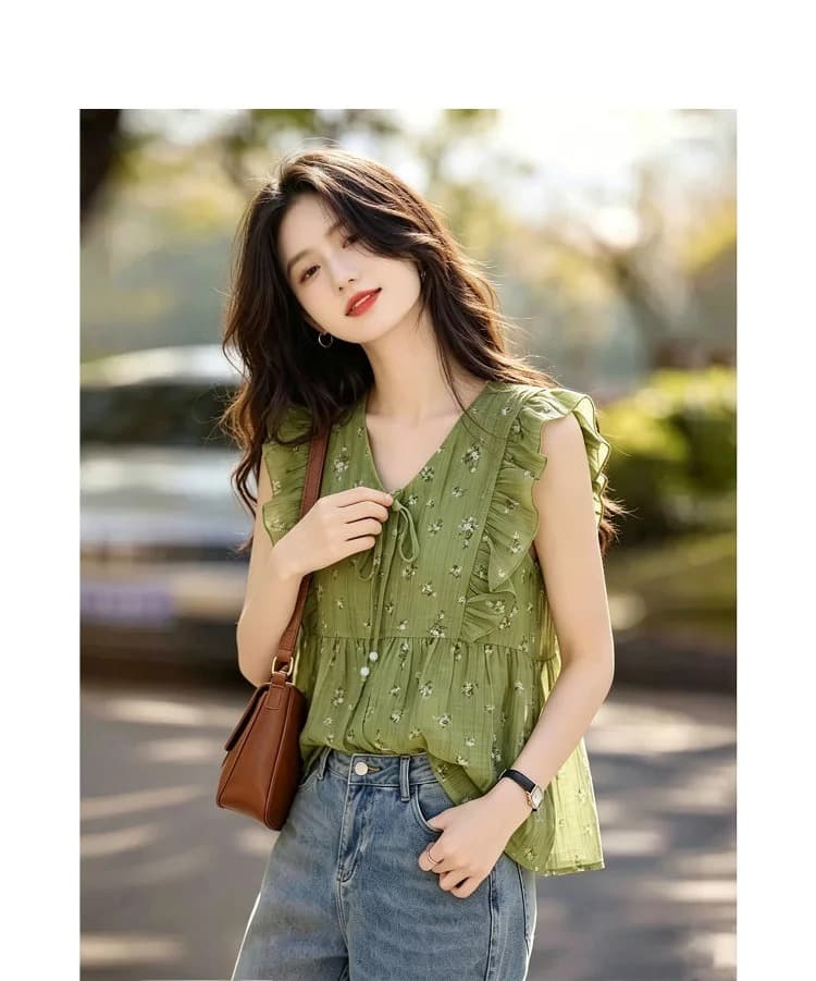 라이 경기 서울 꽃무늬 민소매 여성 셔츠 26 여름 V넥 프릴 레이스업 센 부서 부드러운 바람 맨위 상세 이미지 10