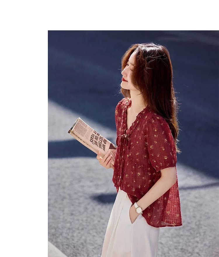 꽃무늬 반팔 여성 셔츠 26 여름 레이스 칼라 레이스업 거품 소매 루즈핏 맨위 상세 이미지 8