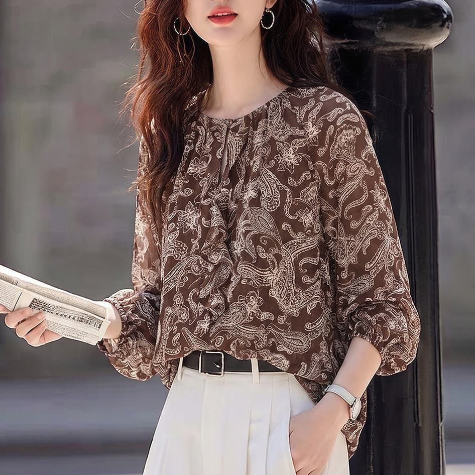 가을 문예 바람 라운드 넥 프린트 여성 셔츠 프릴 쉬폰 루즈핏 슬림해 보이는 작은 키 품격 작은 셔츠 이미지 2