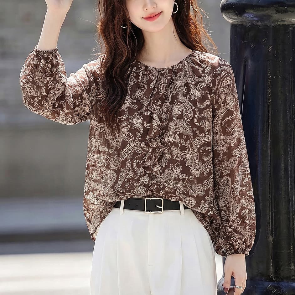 가을 문예 바람 라운드 넥 프린트 여성 셔츠 프릴 쉬폰 루즈핏 슬림해 보이는 작은 키 품격 작은 셔츠 이미지 3