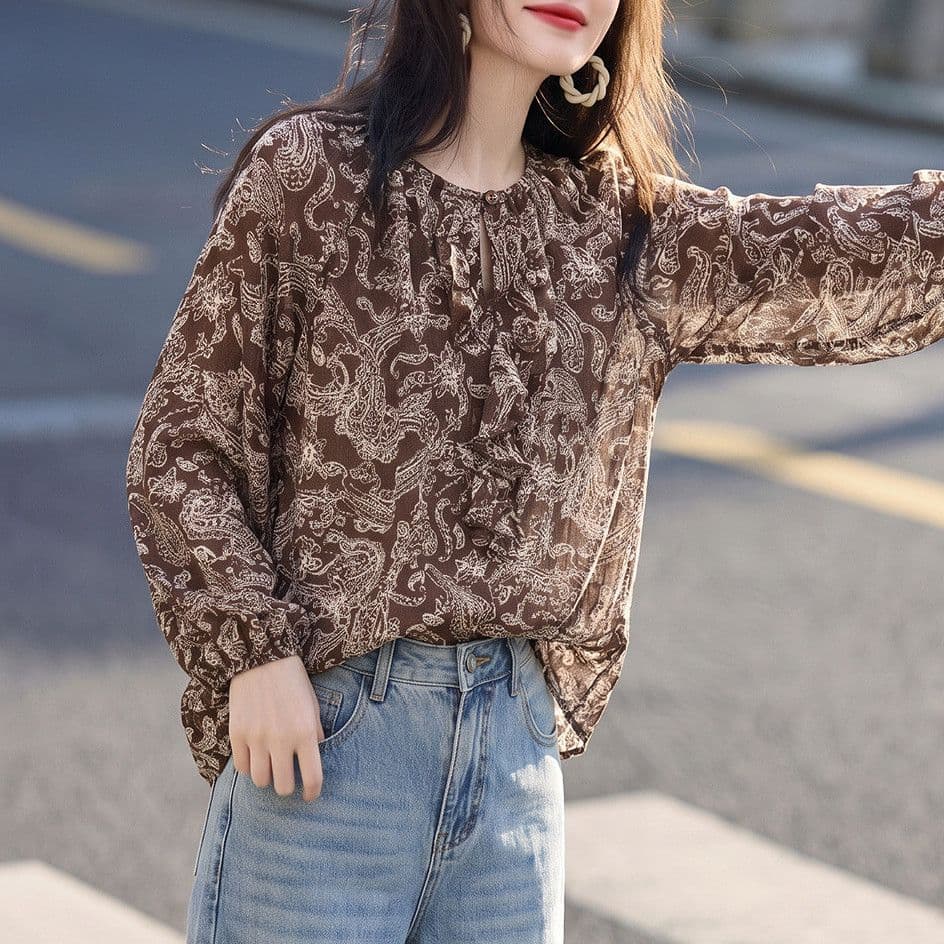 가을 문예 바람 라운드 넥 프린트 여성 셔츠 프릴 쉬폰 루즈핏 슬림해 보이는 작은 키 품격 작은 셔츠 상세 이미지 1