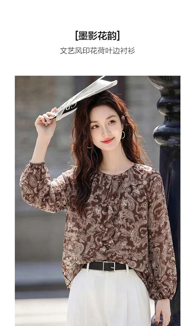 가을 문예 바람 라운드 넥 프린트 여성 셔츠 프릴 쉬폰 루즈핏 슬림해 보이는 작은 키 품격 작은 셔츠 상세 이미지 7