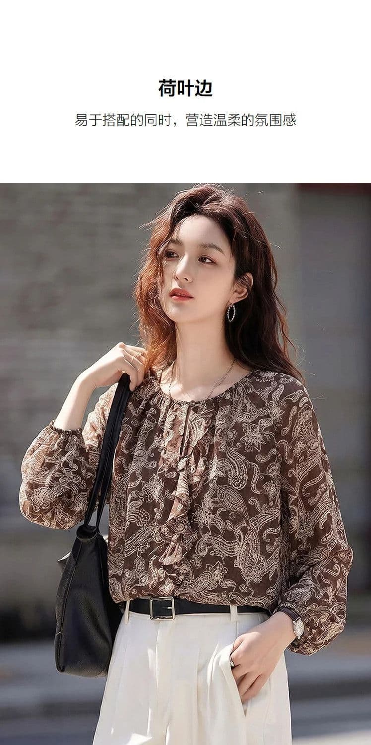 가을 문예 바람 라운드 넥 프린트 여성 셔츠 프릴 쉬폰 루즈핏 슬림해 보이는 작은 키 품격 작은 셔츠 상세 이미지 9