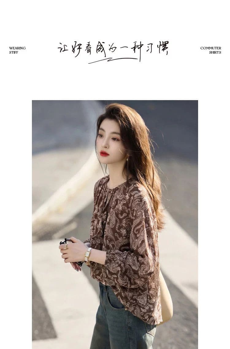 가을 문예 바람 라운드 넥 프린트 여성 셔츠 프릴 쉬폰 루즈핏 슬림해 보이는 작은 키 품격 작은 셔츠 상세 이미지 12