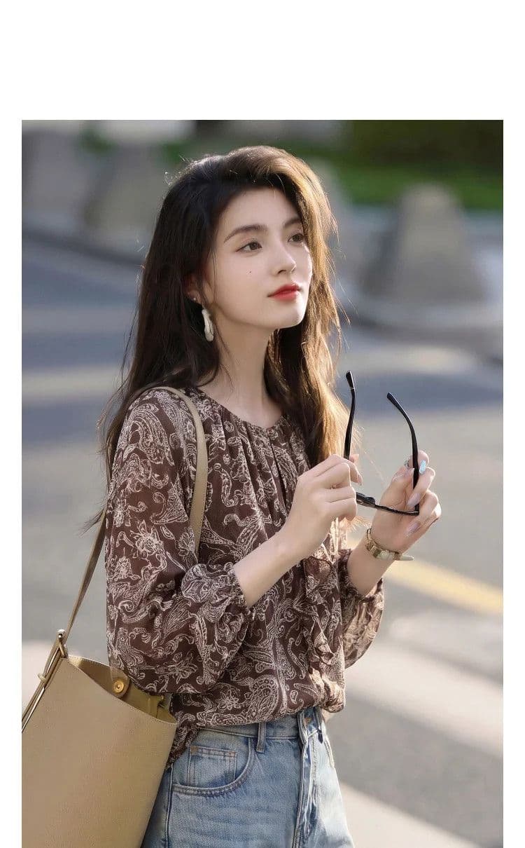 가을 문예 바람 라운드 넥 프린트 여성 셔츠 프릴 쉬폰 루즈핏 슬림해 보이는 작은 키 품격 작은 셔츠 상세 이미지 13