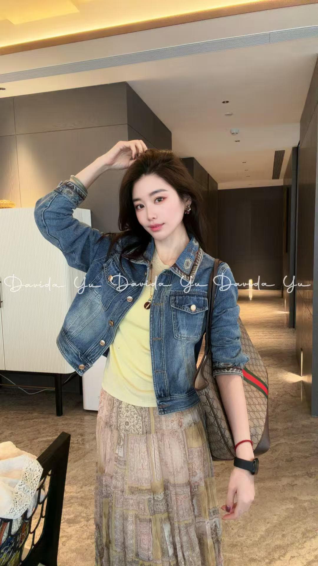 davida yu 골드 버클 데님 폴로 칼라 자수 데님 재킷 봄 패션 다용도 디자인 섹션 y130 상세 이미지 1