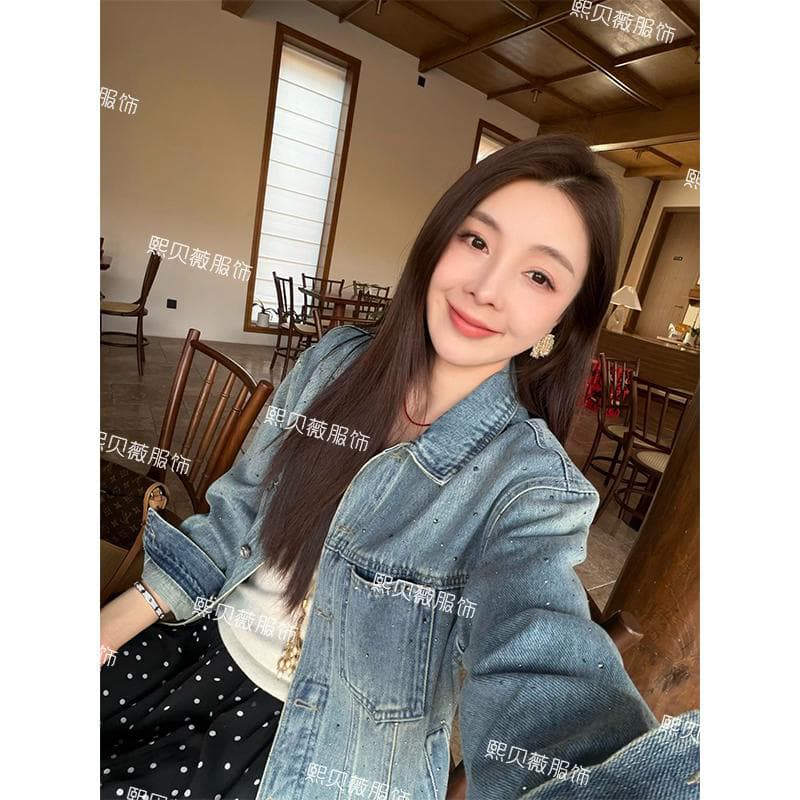 희 만 웨이 8 느슨함 블루스 무거운 작업 폴로 칼라 싱글 줄 버튼 한국 스타일 핫픽스 데님 재킷 g6072 상세 이미지 4