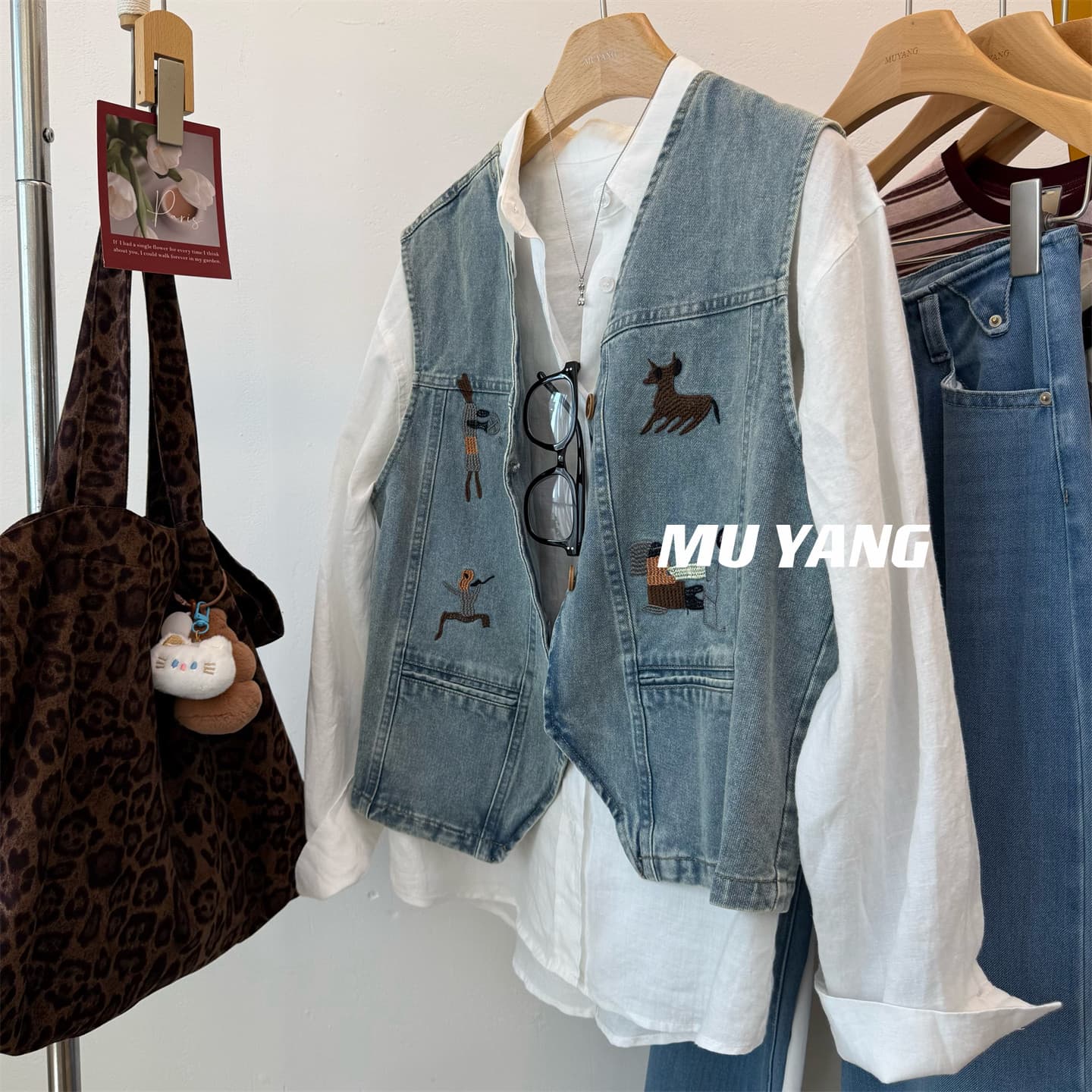 muyang 무거운 작업 수집판 보존 자수 패턴 워싱 데님 베스트 느슨함 데님 어깨 이미지 3