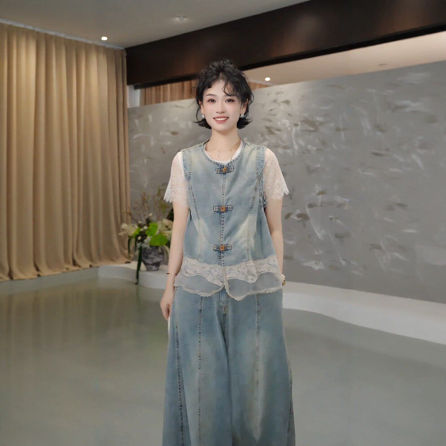 2026 여름 새로운 레이스 조각 데님 베스트 와이드 레그 팬츠 세트 여성 패션 다용도 고급 센스 투피스 세트 상세 이미지 9