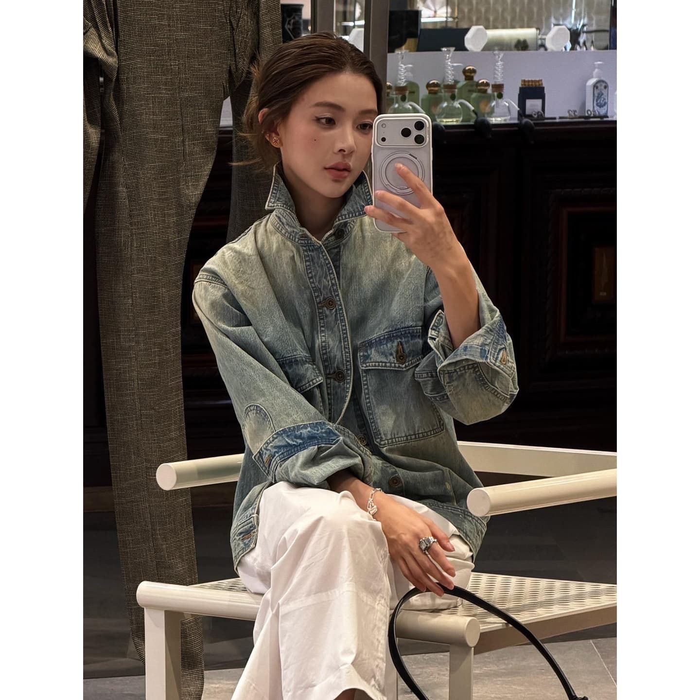 rher studio 시애틀 시간 마 오래된 워싱 스탠드 칼라 폴로 칼라 다용도 슬림해 보이는 데님 재킷 w6007 이미지 6