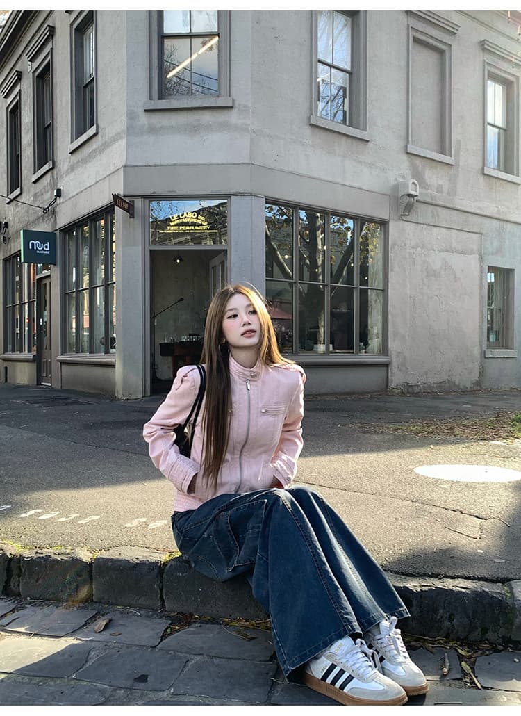 tongiiuu 아메리칸 게이머 레트로 워싱 스탠드 칼라 긍정적 인 어깨 짧은 외투 여성 짧은 캐주얼 재킷 맨위 가을 상세 이미지 3