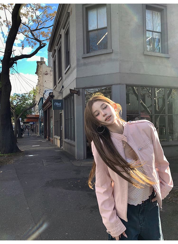 tongiiuu 아메리칸 게이머 레트로 워싱 스탠드 칼라 긍정적 인 어깨 짧은 외투 여성 짧은 캐주얼 재킷 맨위 가을 상세 이미지 8