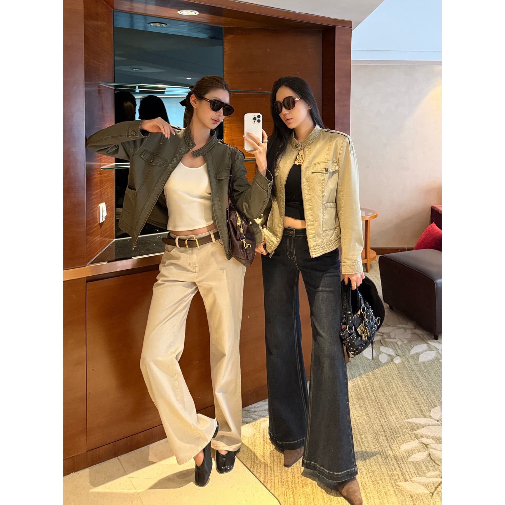 주 淼 zhoumiao 아메리칸 vtg 니켈 맛 레트로 마 오래된 오토바이 짧은 여성 코트 스탠드 칼라 워크웨어 재킷 이미지 2