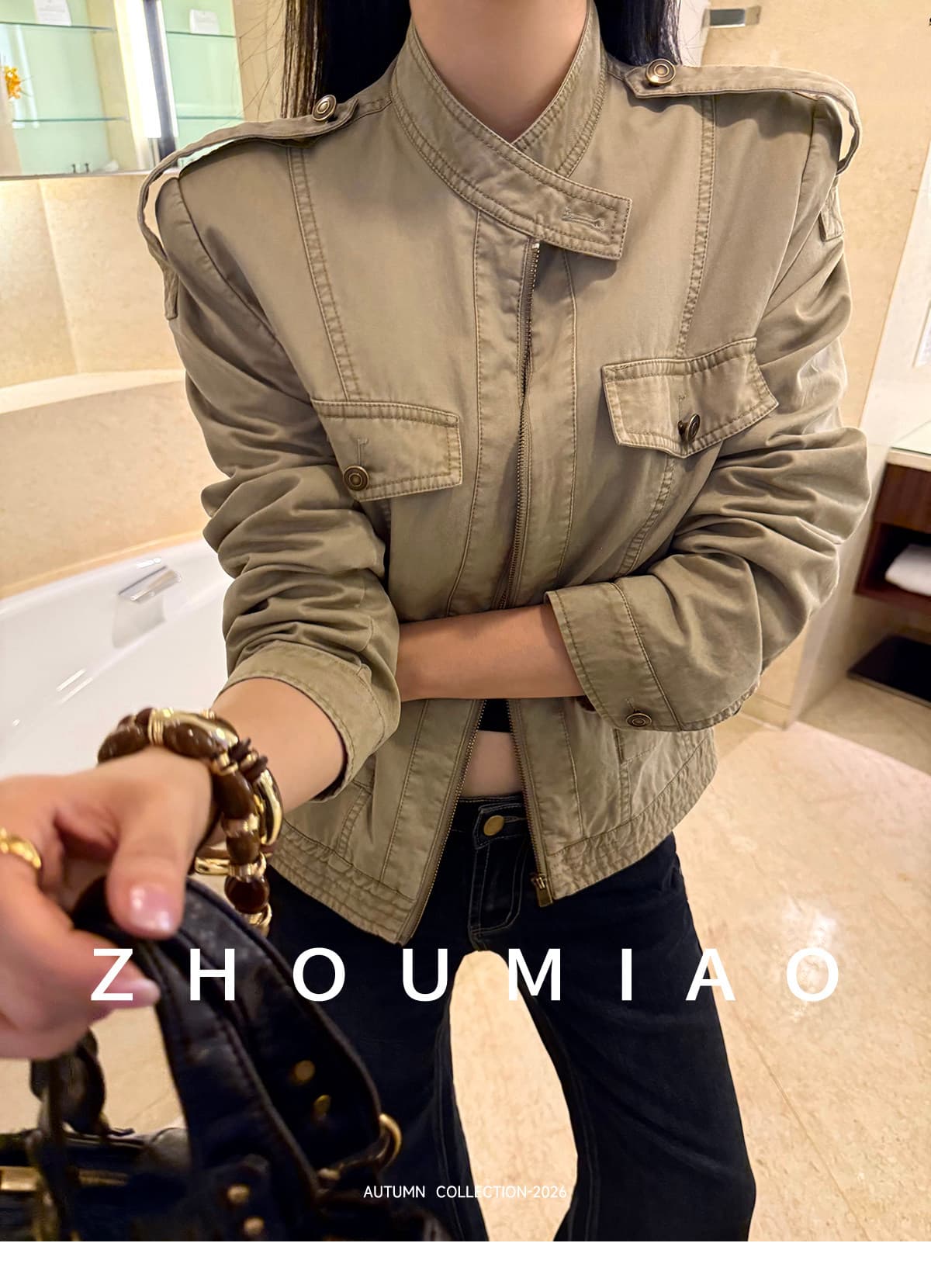 주 淼 zhoumiao 아메리칸 vtg 니켈 맛 레트로 마 오래된 오토바이 짧은 여성 코트 스탠드 칼라 워크웨어 재킷 상세 이미지 34