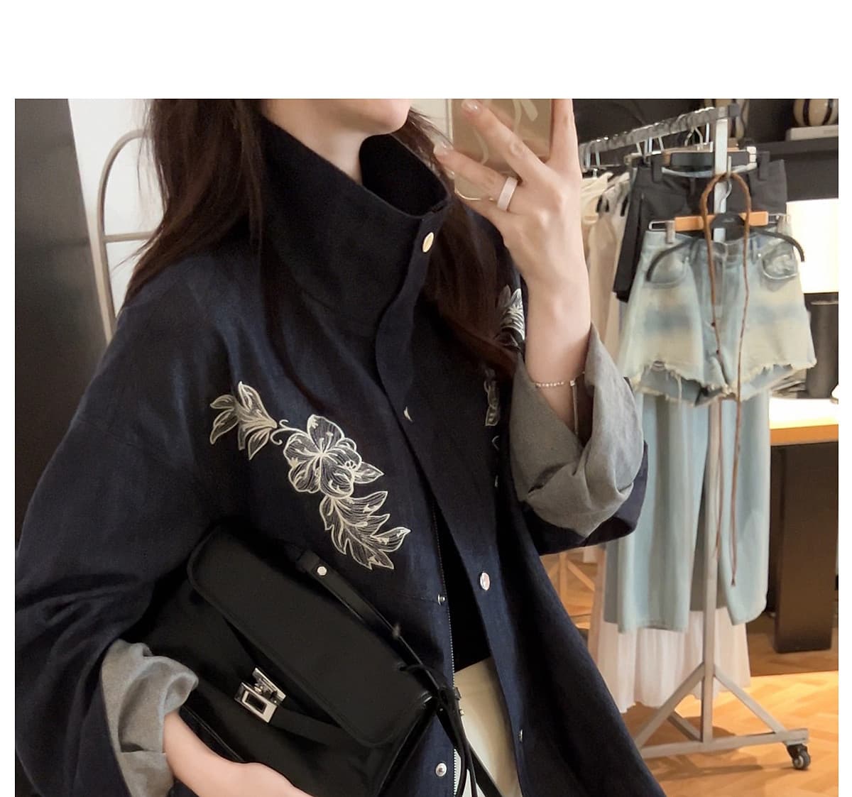 여름 시 면 사선 무늬 무거운 작업 꽃무늬 자수 원색 데님 여성 코트 이른 가을 스탠드 칼라 가을 어깨 의류 상세 이미지 20