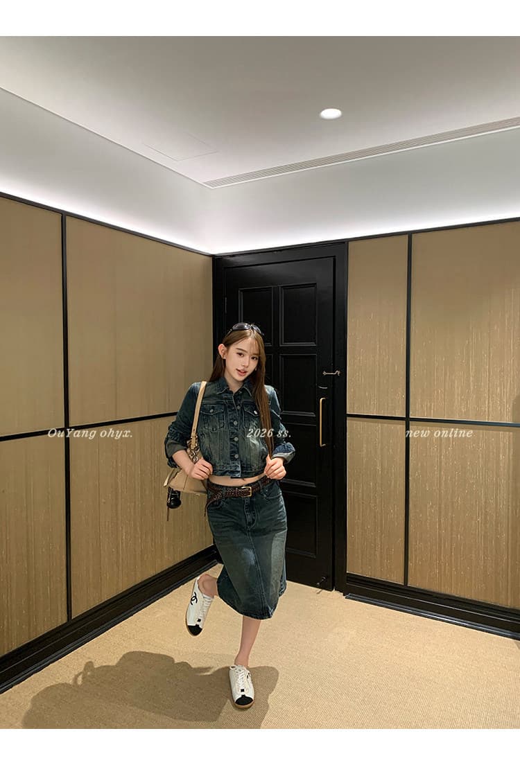 지구 Ouyang 수렴성의 골짜기 거리 슈퍼 펀 워시 물 개인 소유 오른쪽 표준 럭셔리 簰 공예 vtg 데님 재킷 마이크로 a 반 스커트 상세 이미지 28