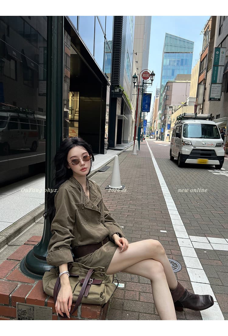 지구 Ouyang 니켈 맛 거리 인생 핫걸 치마 비스듬한 ~까지 분할 vtg 워싱 스탠드 칼라 드레스 벨트 보내기 상세 이미지 17