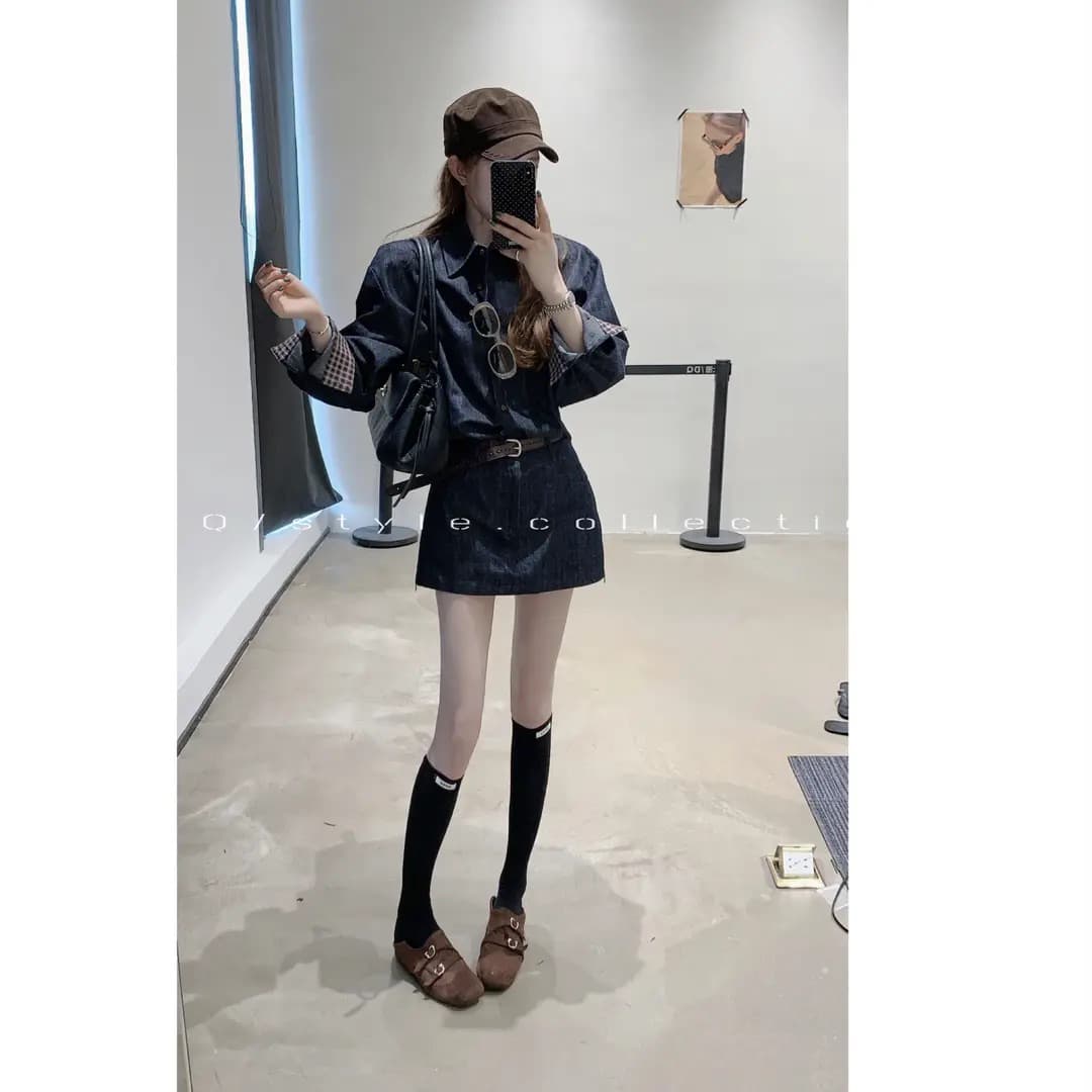 체스 판 그리드 vintage 소매 싸움 체크무늬 데님 셔츠 치마 세트 상세 이미지 2
