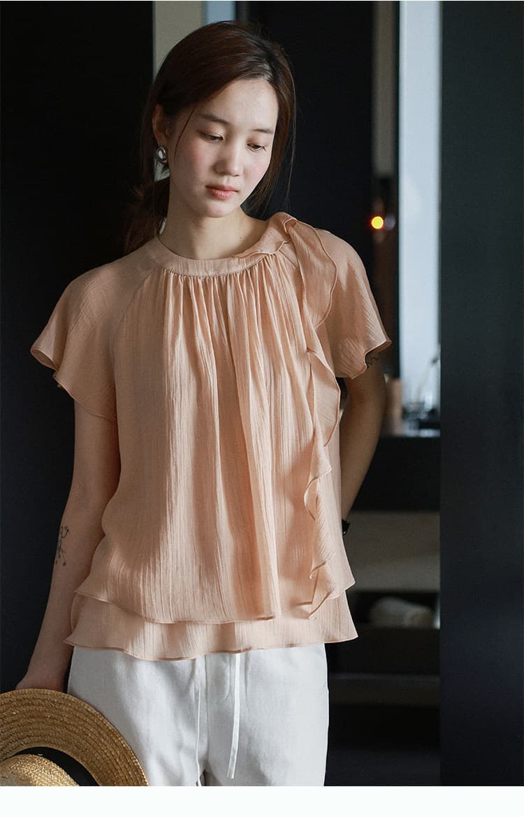 lalaglow Pinellia 달콤한 꿈 하루 종일 실크 프랑스식 프릴 이중층 리본 반팔 여성 셔츠 프로 피부 통기성 상세 이미지 5